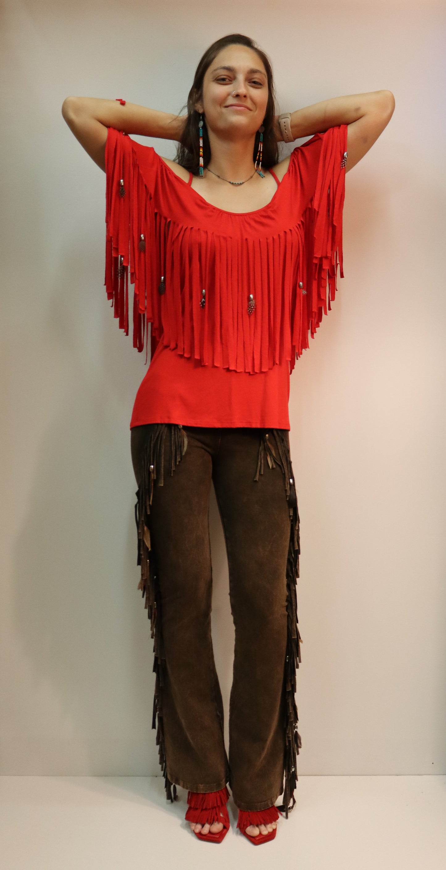 Pat Dahnke Red Fringe Feathered Top