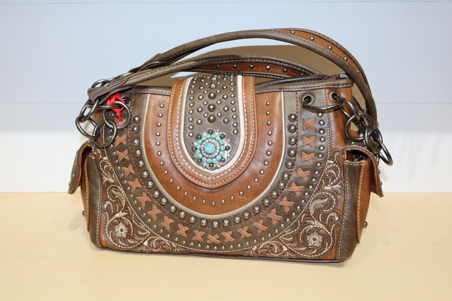 Western Studded Purse with Turquoise Colored Stone