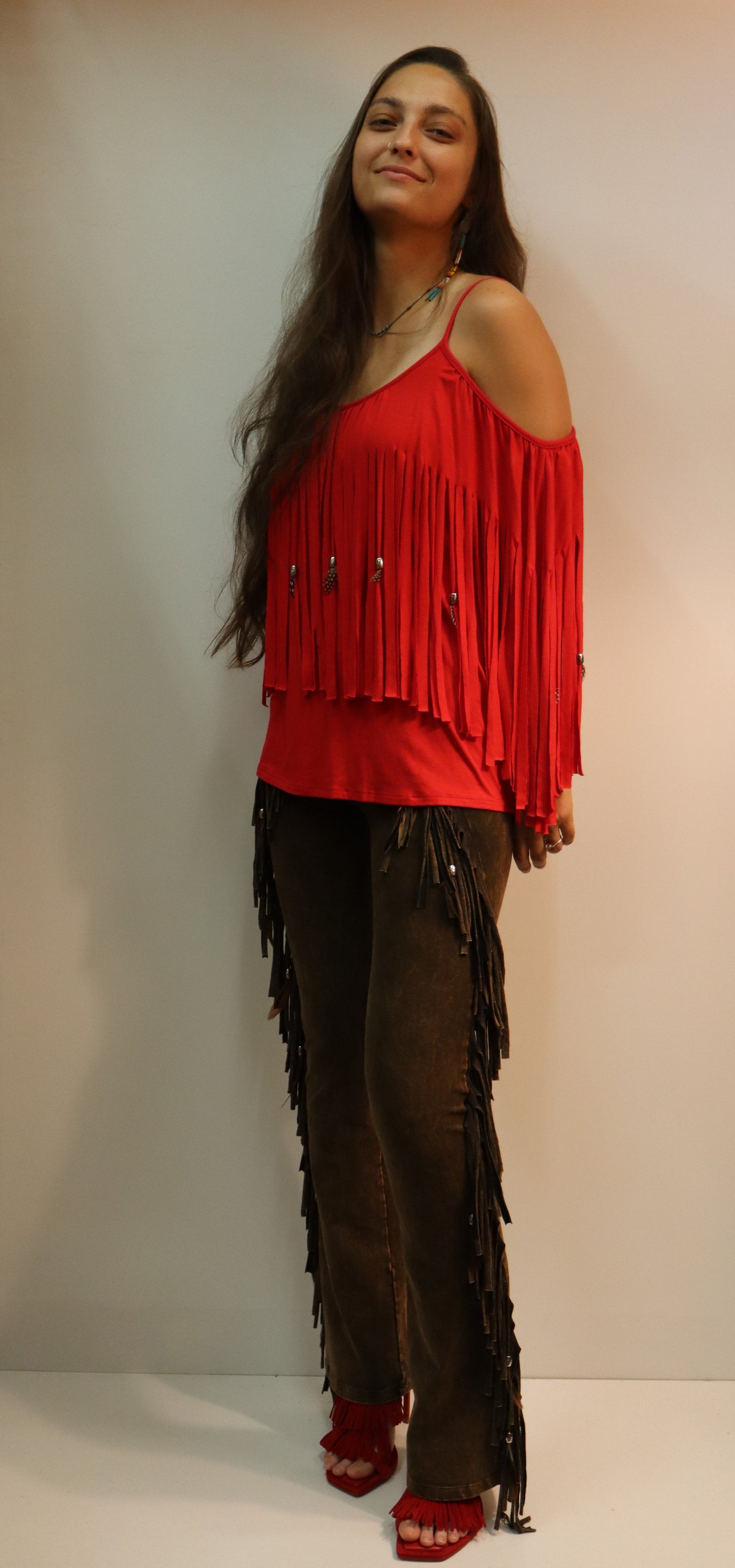 Pat Dahnke Red Fringe Feathered Top