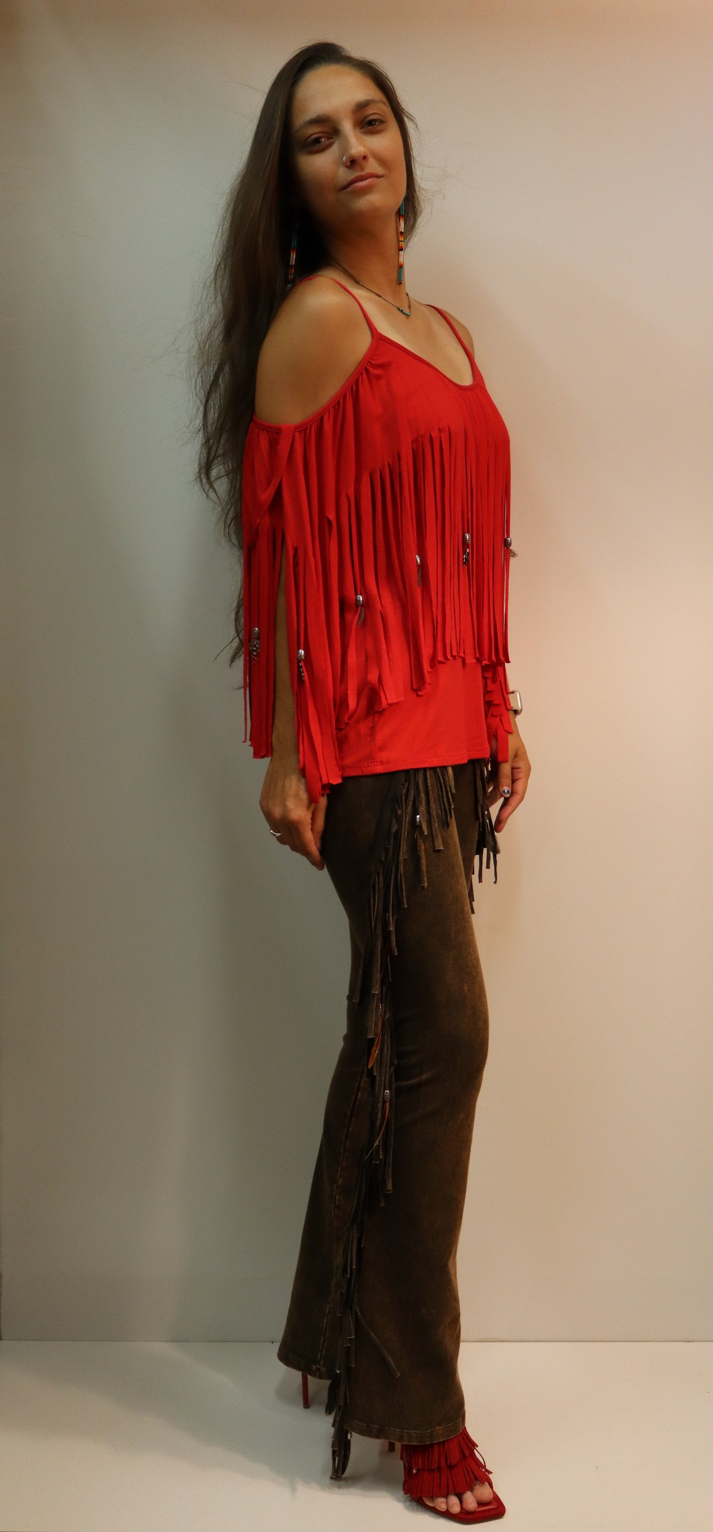 Pat Dahnke Red Fringe Feathered Top