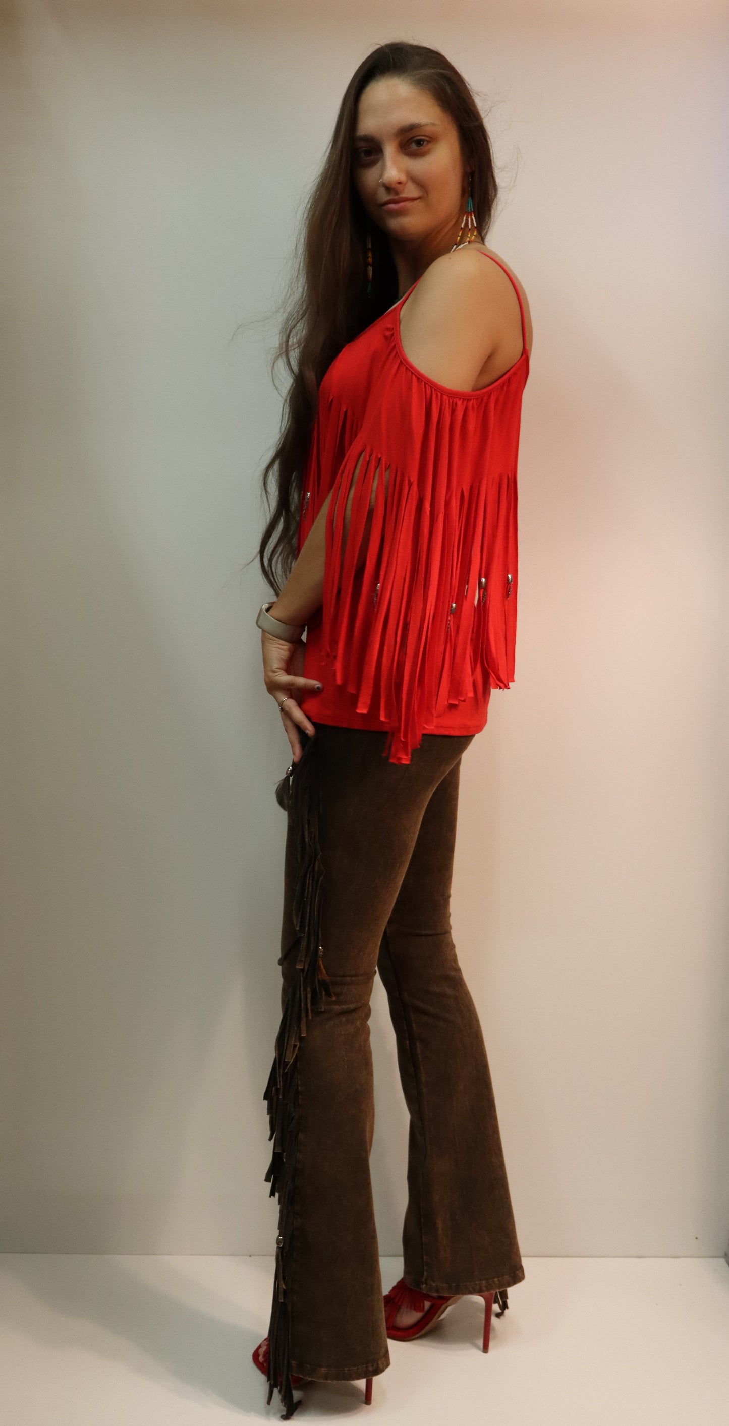 Pat Dahnke Red Fringe Feathered Top