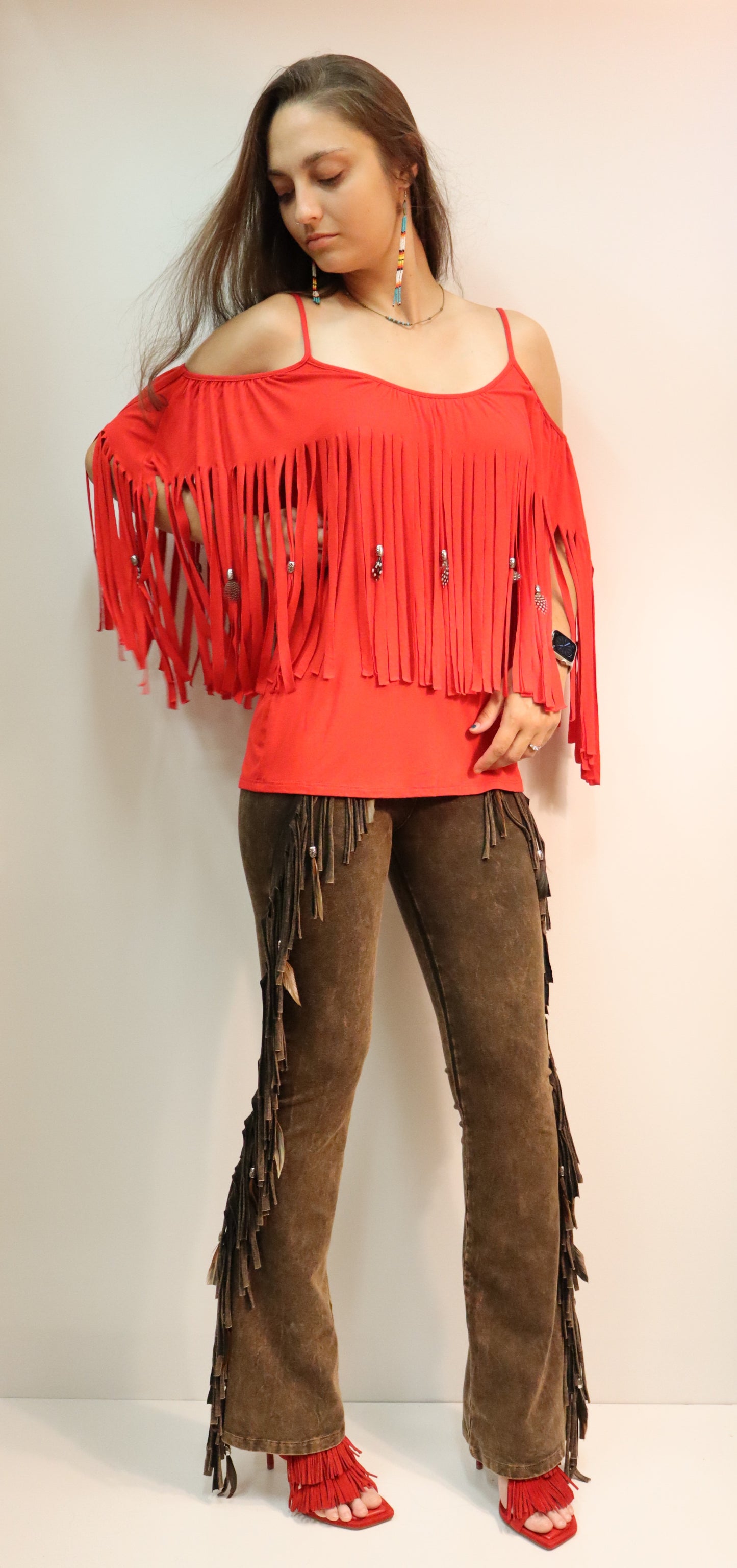 Pat Dahnke Red Fringe Feathered Top