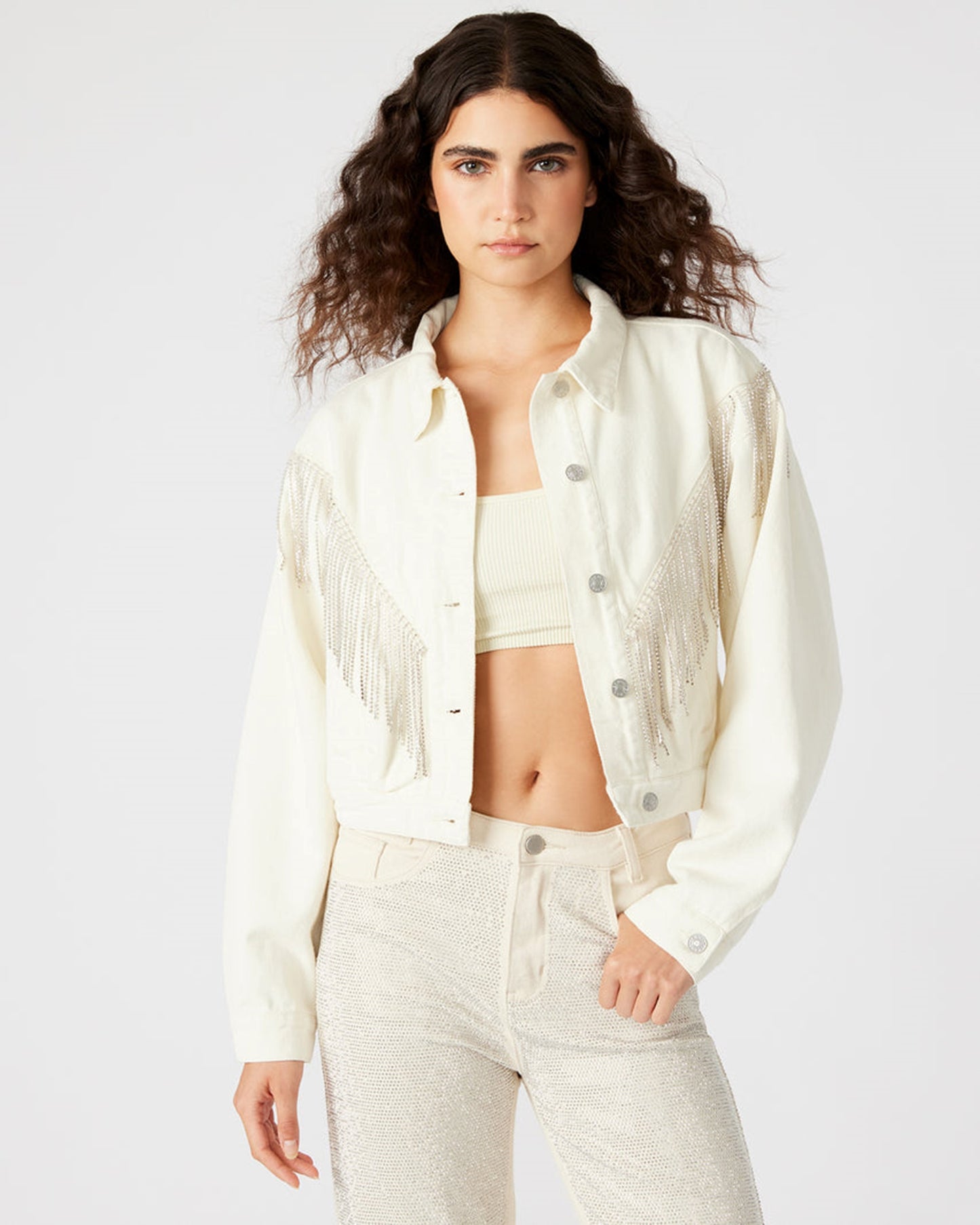 Fringe Denim Jacket - Blue, Black and Cream